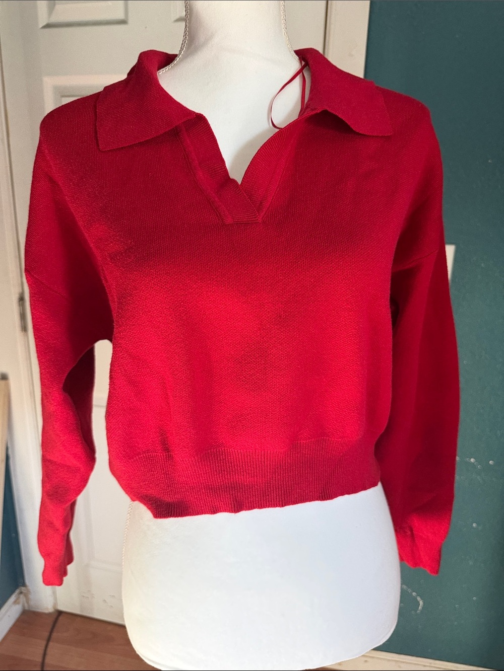 Hippie Rose Red V-Neck Polo Collar Women's Sweater